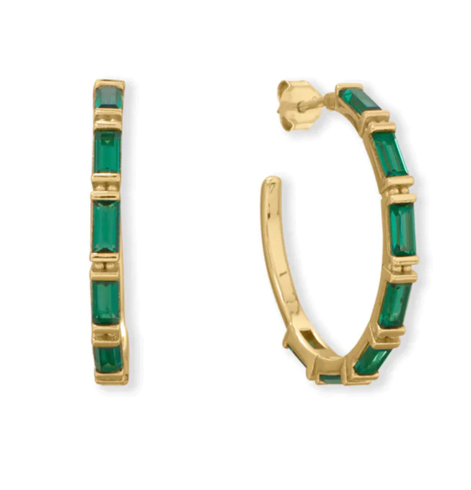 Earrings - Emerald Baguette Hoops - 14KG Plated
