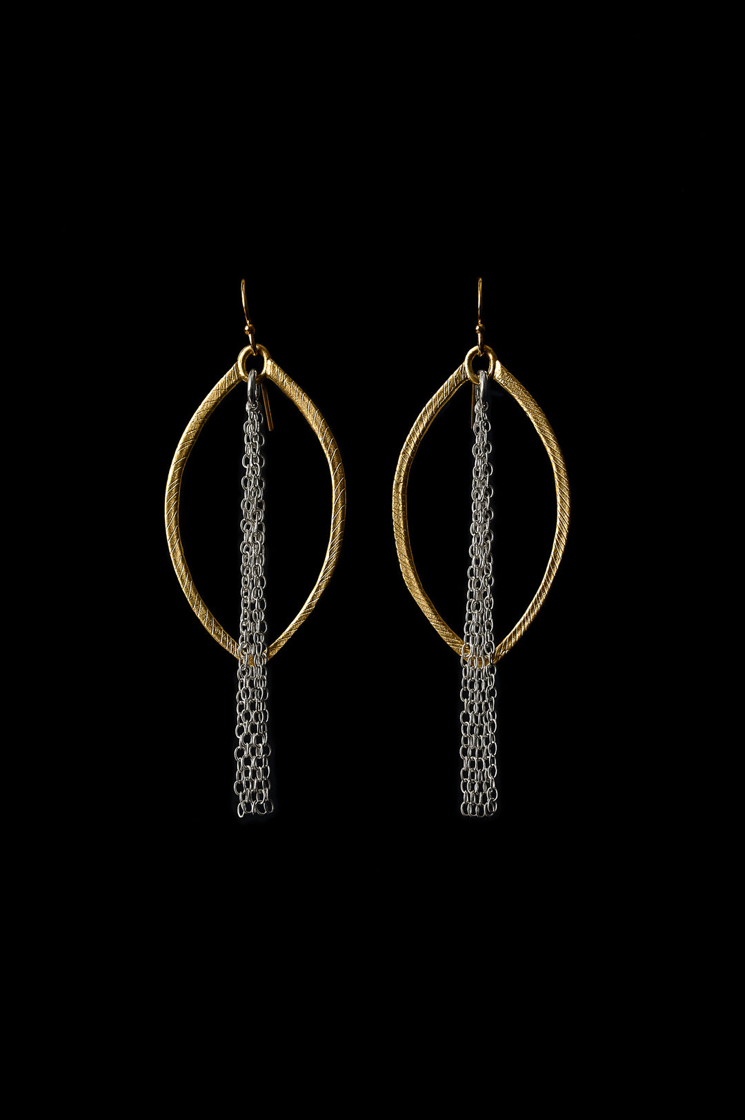 Earrings - Hammered Gold Leaf (outline) with Sterling Silver Chains - Sustainable